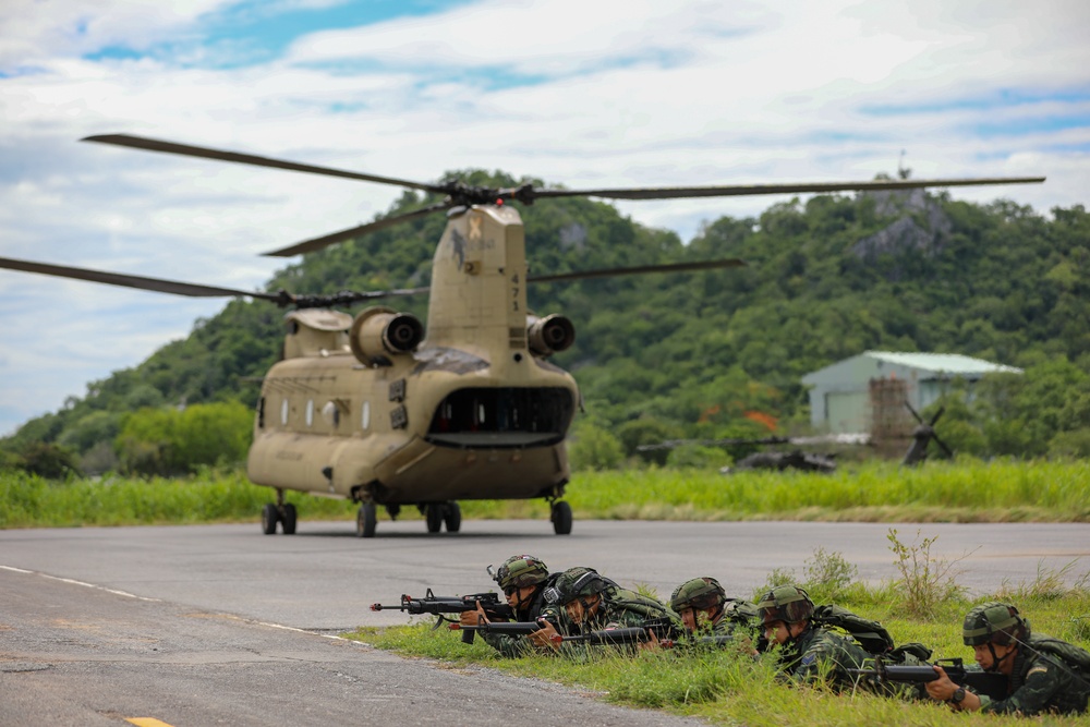 Royal Thai Army soldiers provide security to a landing zone during air assault operations as part of Exercise Hanuman Guardian 2023