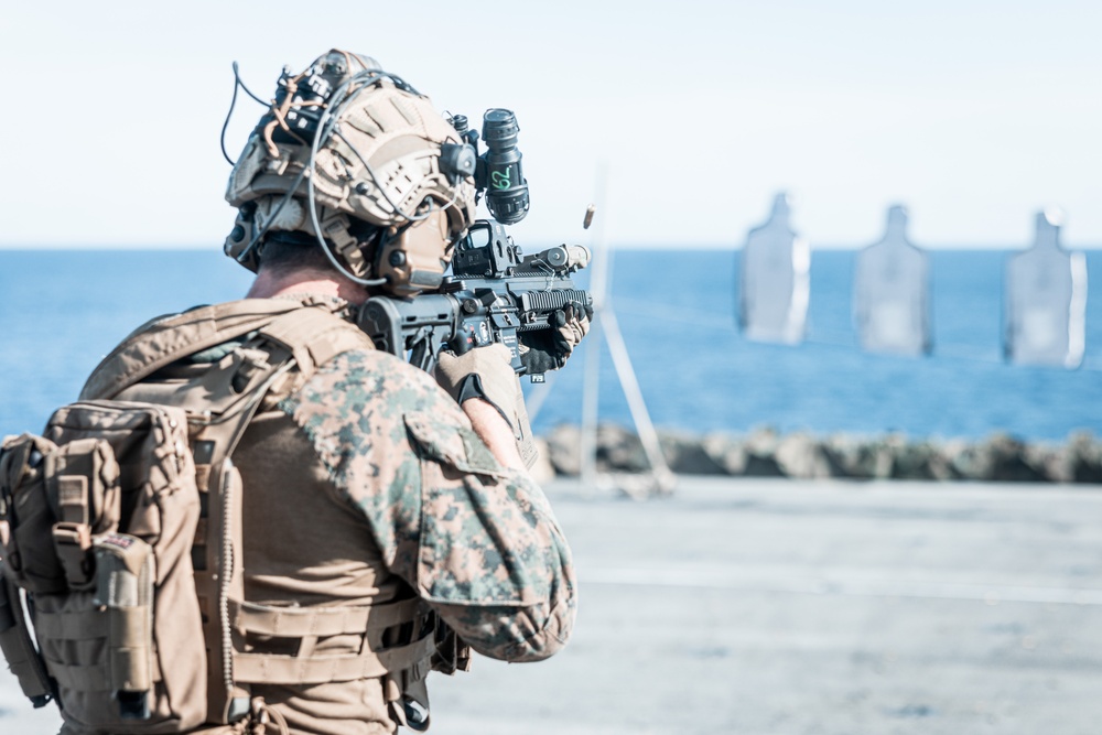 26th MEU(SOC) MSPF Conducts Live-Fire Range Aboard USS Bataan