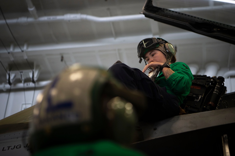 Strike Fighter Squadron (VFA) 2 Sailor Conducts Maintenance Aboard USS Carl Vinson (CVN 70)