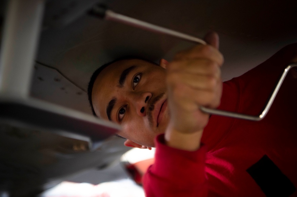 Strike Fighter Squadron (VFA) 192 Sailors Perform Maintenance Aboard USS Carl Vinson (CVN 70)