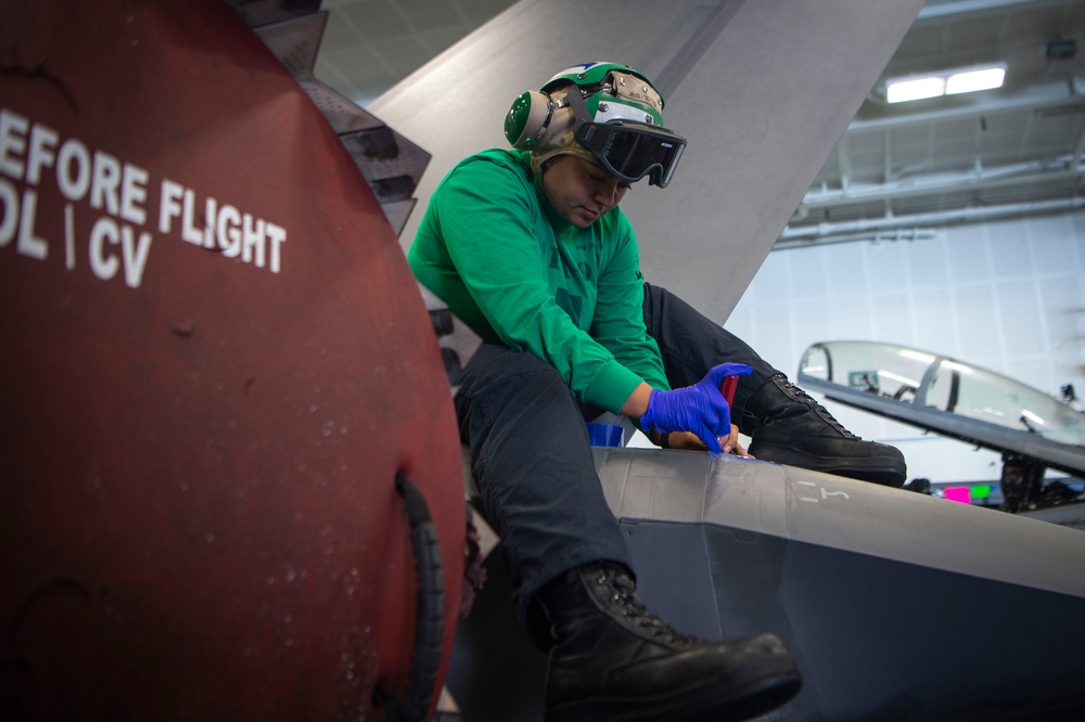 Strike Fighter Squadron (VFA) 97 Sailors Perform Maintenance Aboard USS Carl Vinson (CVN 70)