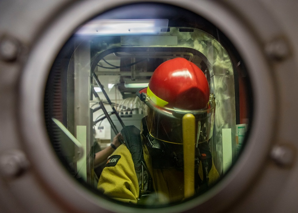 Sailors Aboard USS John Finn (DDG 113) Conduct Fire Drill