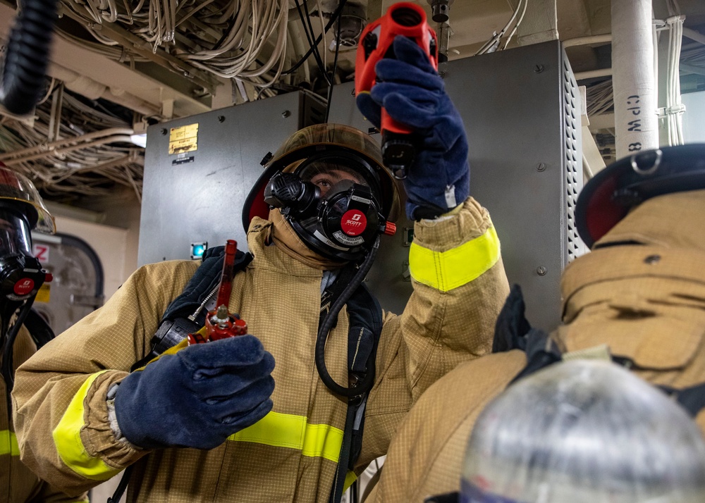 Sailors Aboard USS John Finn (DDG 113) Conduct Fire Drill