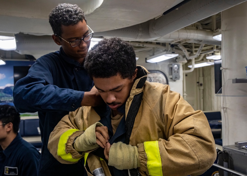 Sailors Aboard USS John Finn (DDG 113) Conduct Fire Drill