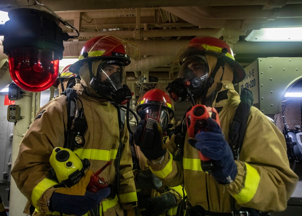 Sailors Aboard USS John Finn (DDG 113) Conduct Fire Drill