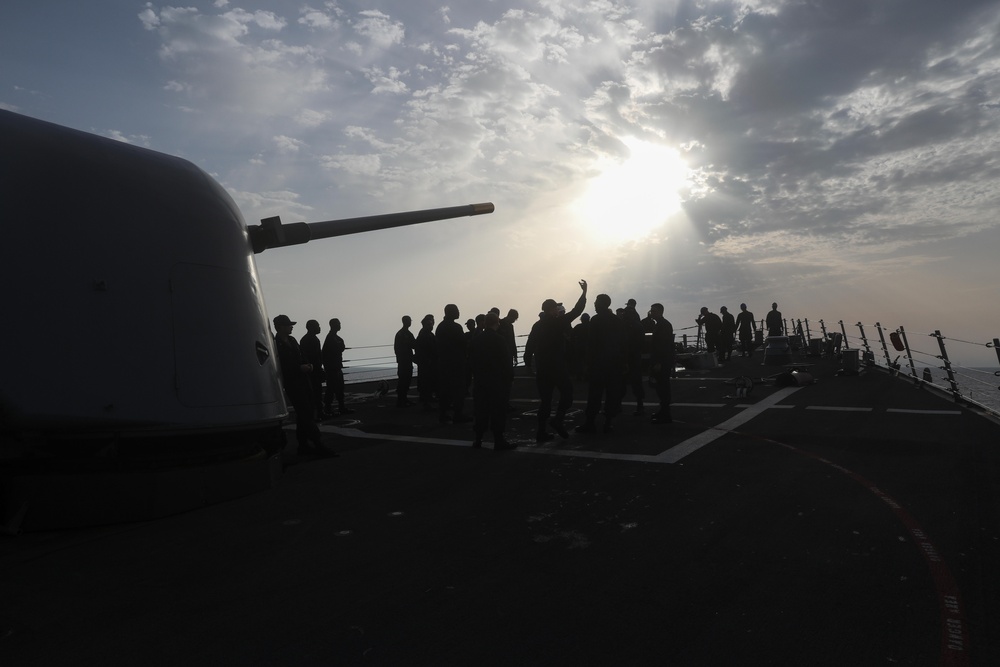 Sailors Prepare To Anchor Ship