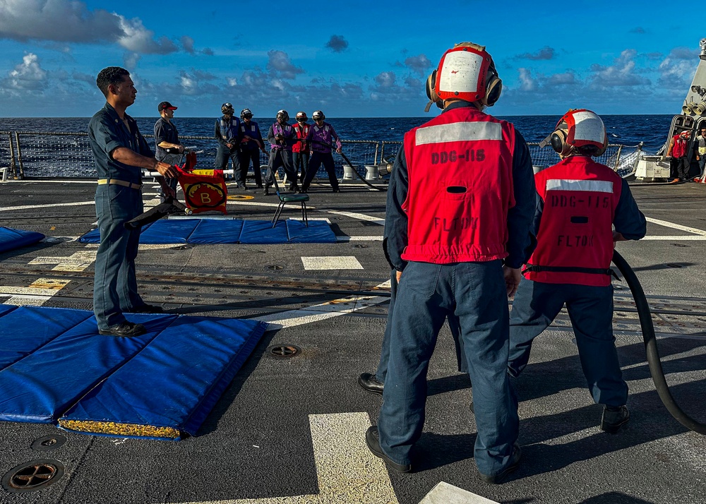 USS Rafael Peralta (DDG 115) conducts an aviation firefighting drill