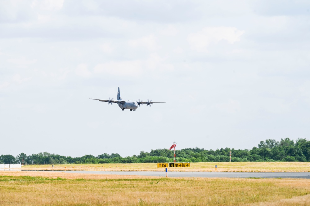 Nine Air National Guard aircraft fly in final C-130 mission of Air Defender 2023 out of Wunstorf Air Base with Romanian and German allies