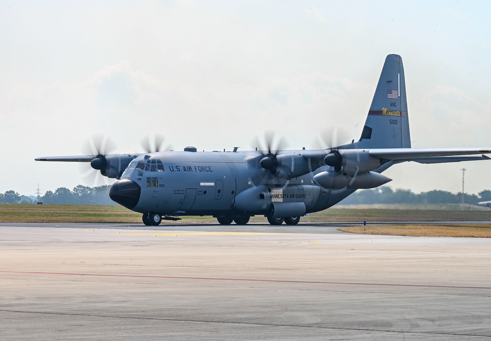 Nine Air National Guard aircraft fly in final C-130 mission of Air Defender 2023 out of Wunstorf Air Base with Romanian and German allies