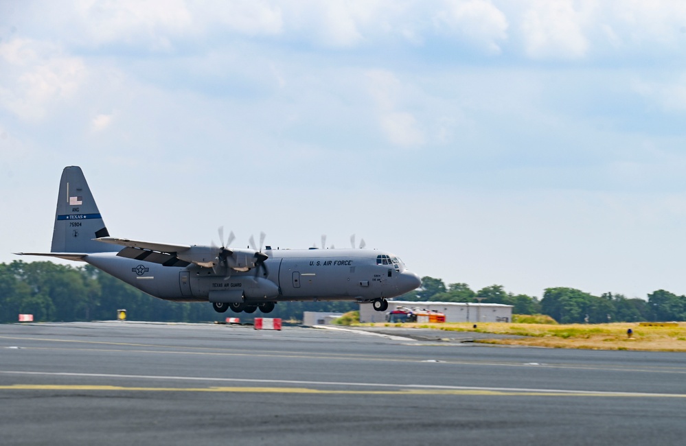 Nine Air National Guard aircraft fly in final C-130 mission of Air Defender 2023 out of Wunstorf Air Base with Romanian and German allies