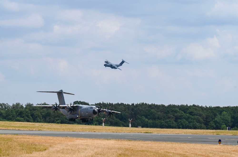 Nine Air National Guard aircraft fly in final C-130 mission of Air Defender 2023 out of Wunstorf Air Base with Romanian and German allies