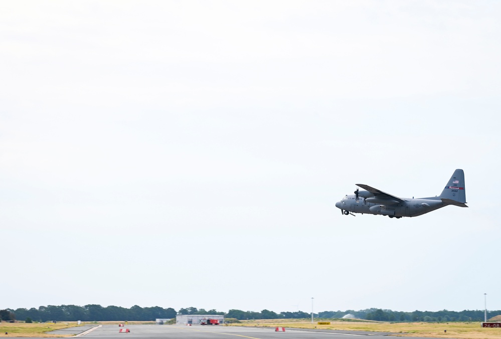 Nine Air National Guard aircraft fly in final C-130 mission of Air Defender 2023 out of Wunstorf Air Base with Romanaian and German allies