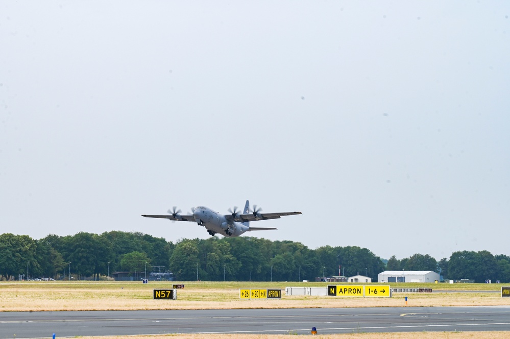 Nine Air National Guard aircraft fly in final C-130 mission of Air Defender 2023 out of Wunstorf Air Base with Romanian and German allies