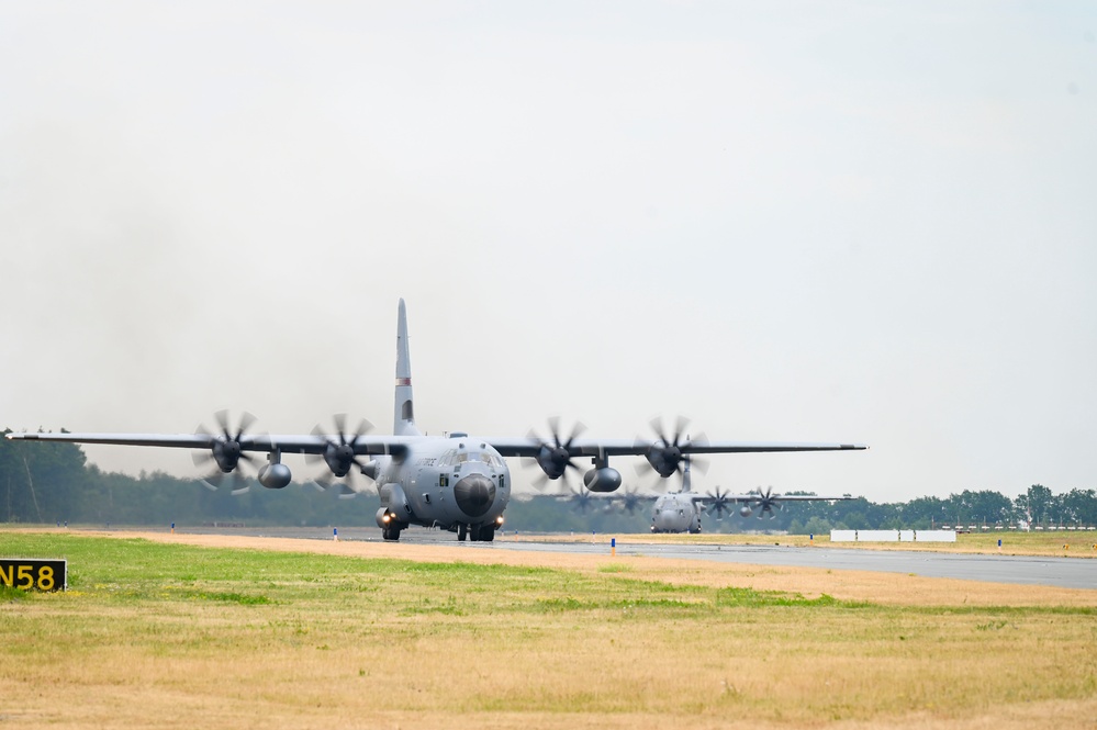 Nine Air National Guard aircraft fly in final C-130 mission of Air Defender 2023 out of Wunstorf Air Base with Romanian and German allies