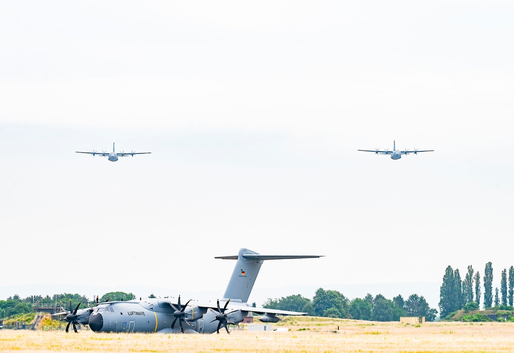 Nine Air National Guard aircraft fly in final C-130 mission of Air Defender 2023 out of Wunstorf Air Base with Romanian and German allies