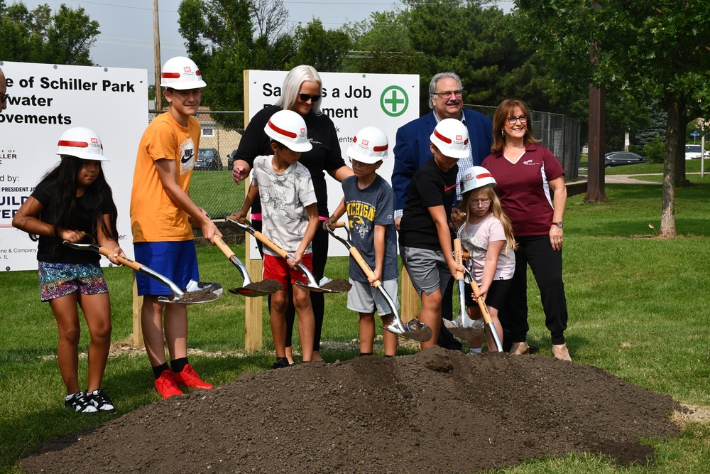 Young Schiller Park residents help break ground at the Schiller Park Storm Sewer Improvement Groundbreaking with U.S. Army Corps of Engineers, Chicago District