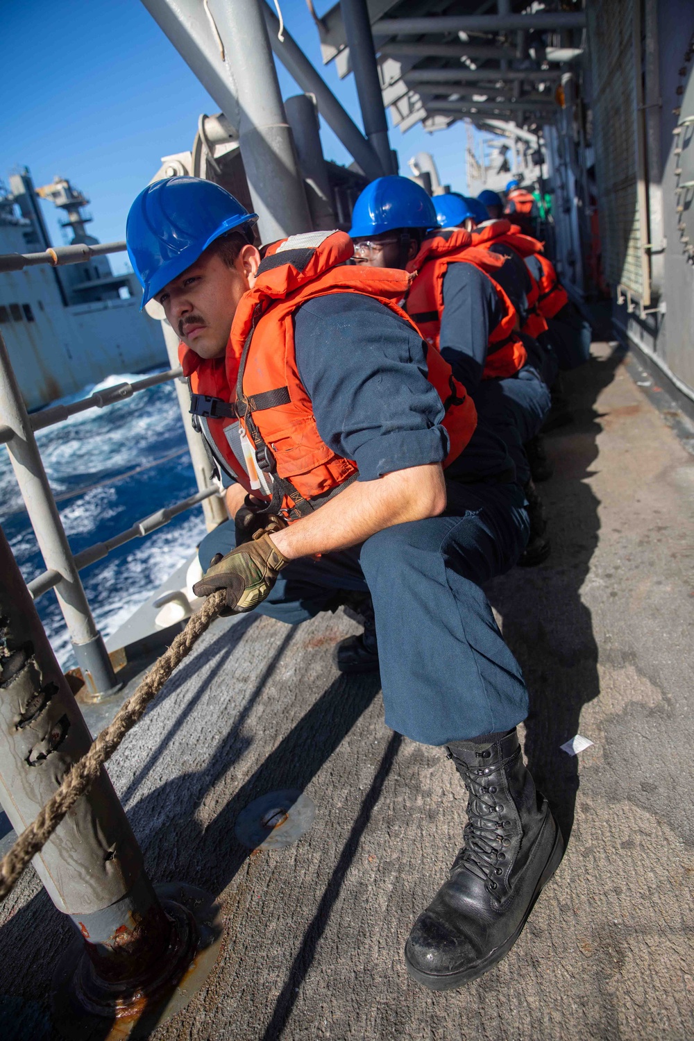 Sailors Handle Line Aboard USS Antietam During Talisman Sabre 23