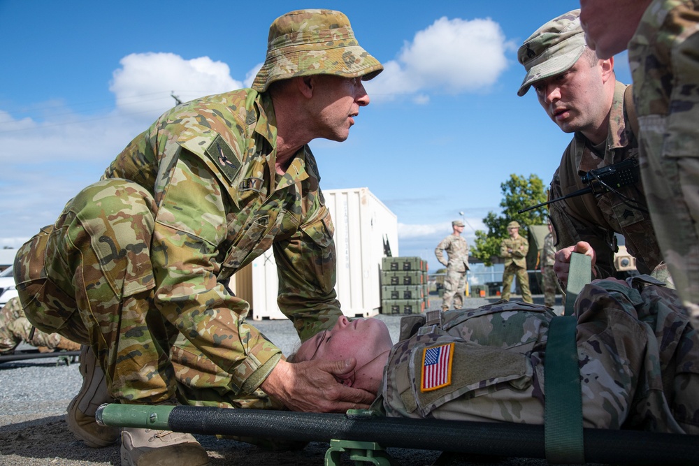 Soldiers of the 144th Area Support Company train with the 3rd Health Battalion Australian Defense Force during Talisman Sabre