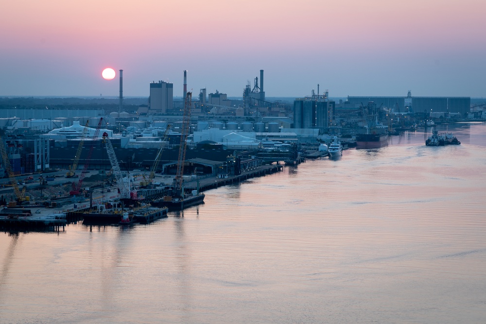 Port of Savannah and Savannah River at Sunset