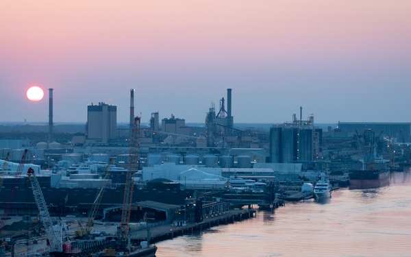 Port of Savannah and Savannah River at Sunset