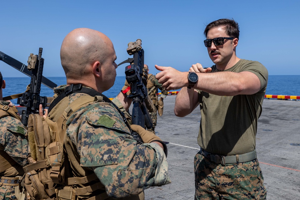 26th MEU Marines conduct weapon familiarization drills aboard USS Bataan