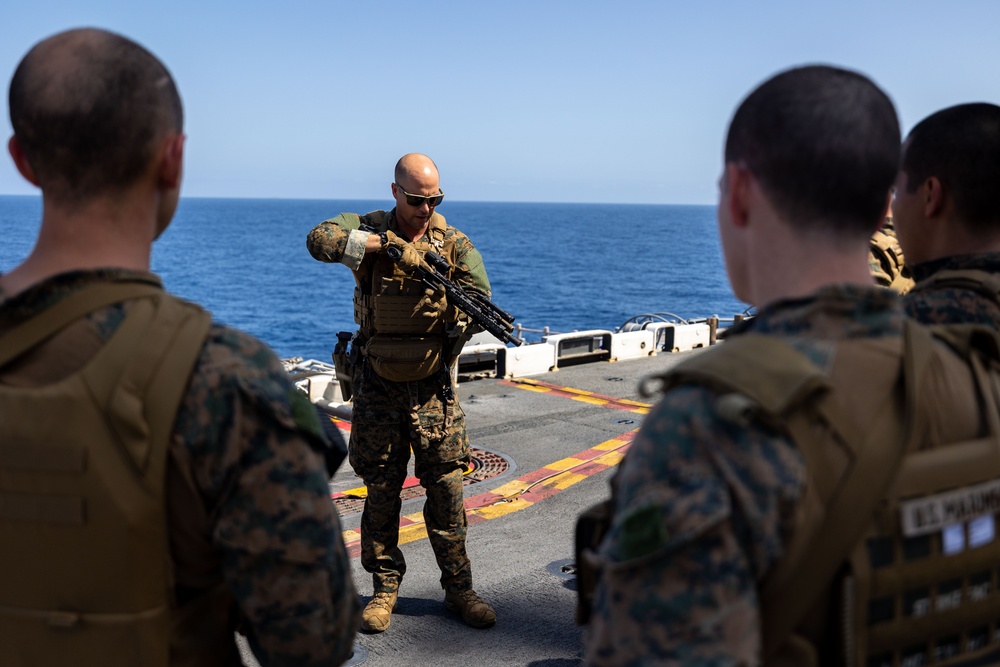 26th MEU Marines conduct weapon familiarization drills aboard USS Bataan