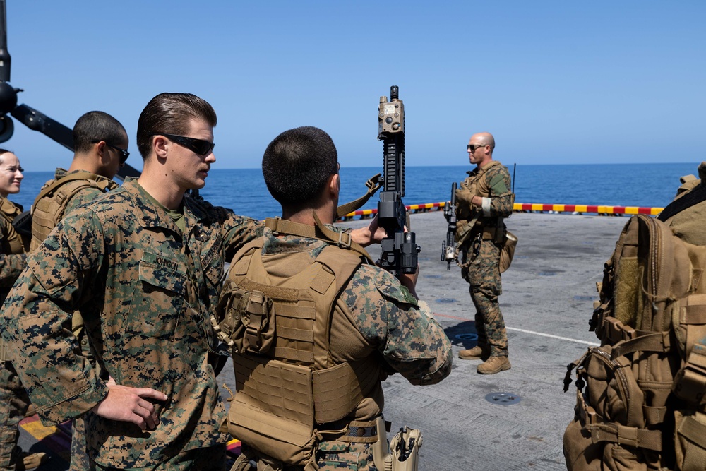 26th MEU Marines conduct weapon familiarization drills aboard USS Bataan