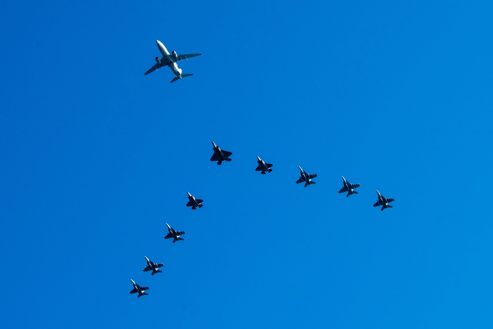 Royal Australian Air Force and U.S. Navy Aircraft fly over USS Ronald Reagan (CVN 76) in support of Talisman Sabre 23