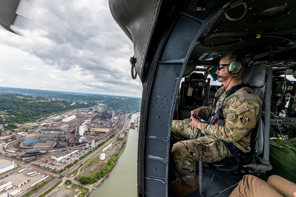 Helicopter flight over Pittsburgh District locks, dams, reservoirs