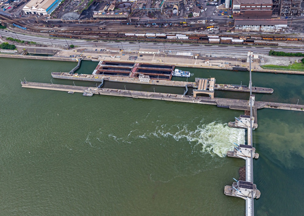 Helicopter flight over Pittsburgh District locks, dams, reservoirs