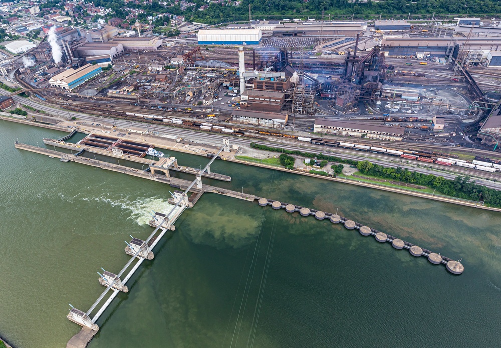 Helicopter flight over Pittsburgh District locks, dams, reservoirs