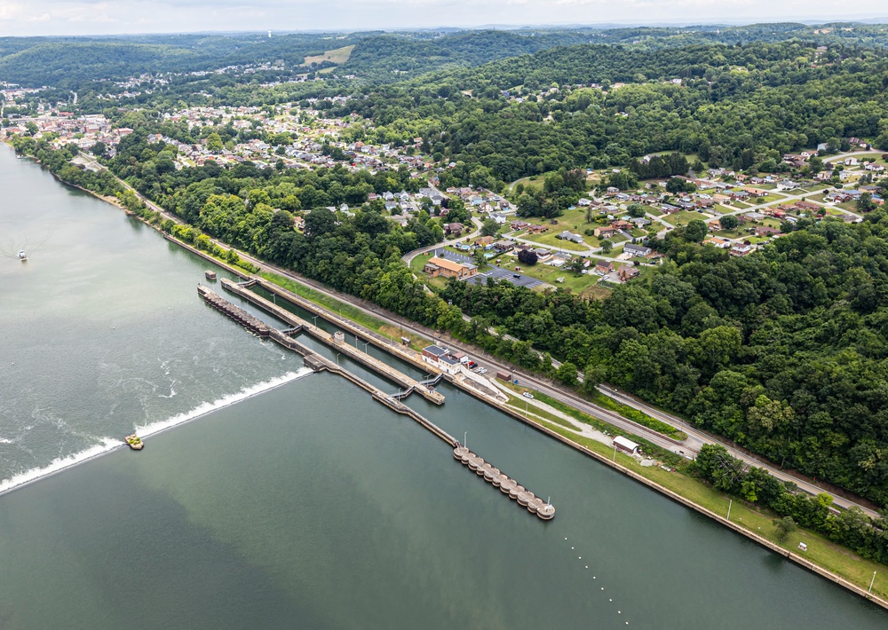 Helicopter flight over Pittsburgh District locks, dams, reservoirs