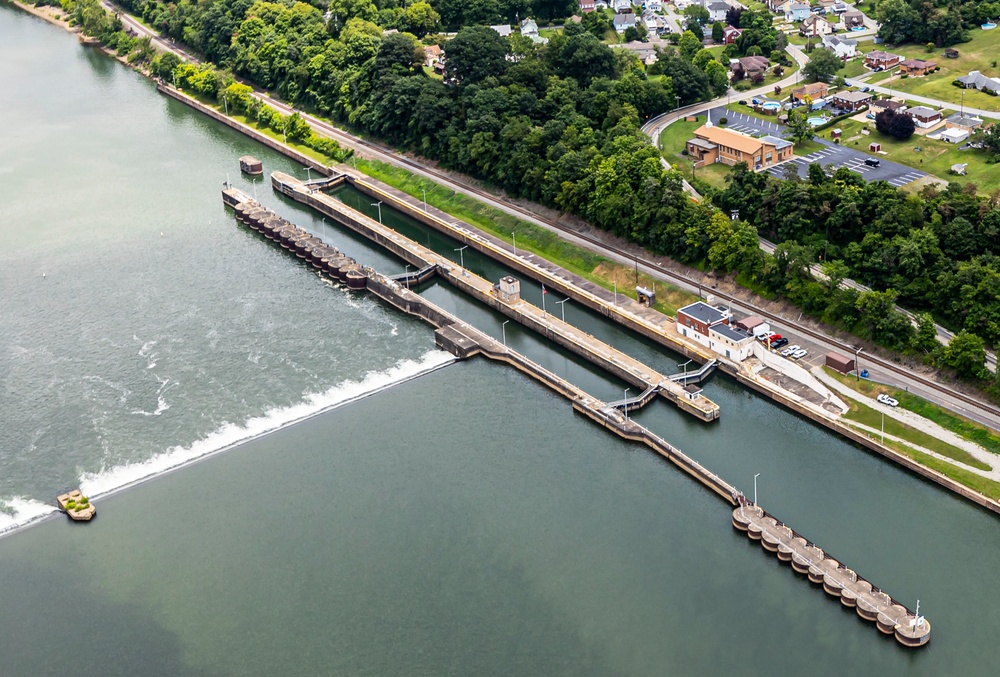 Helicopter flight over Pittsburgh District locks, dams, reservoirs