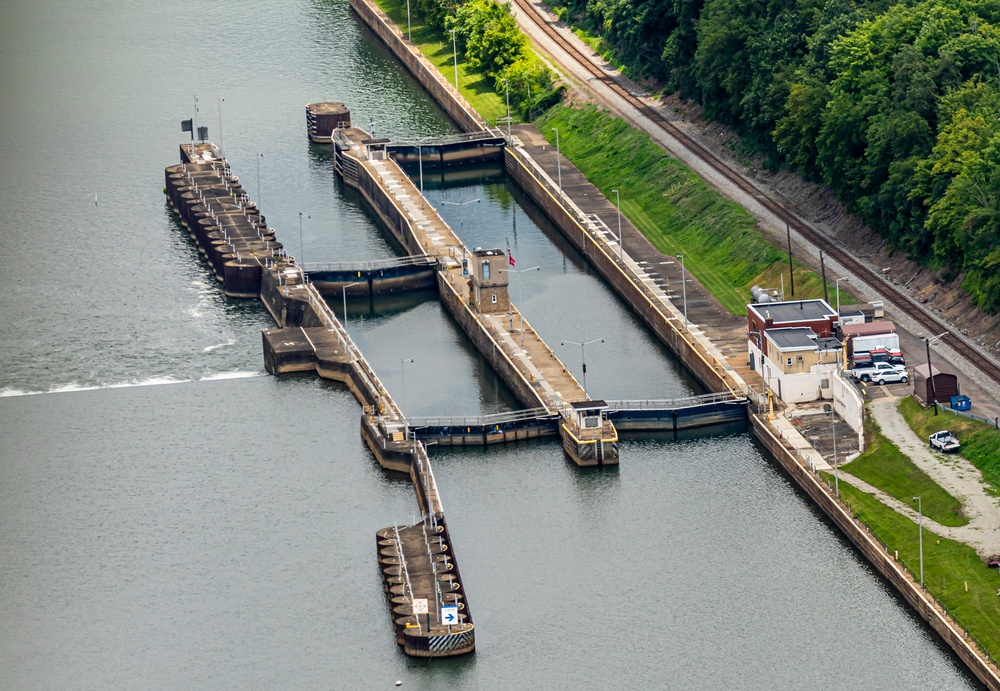 Helicopter flight over Pittsburgh District locks, dams, reservoirs