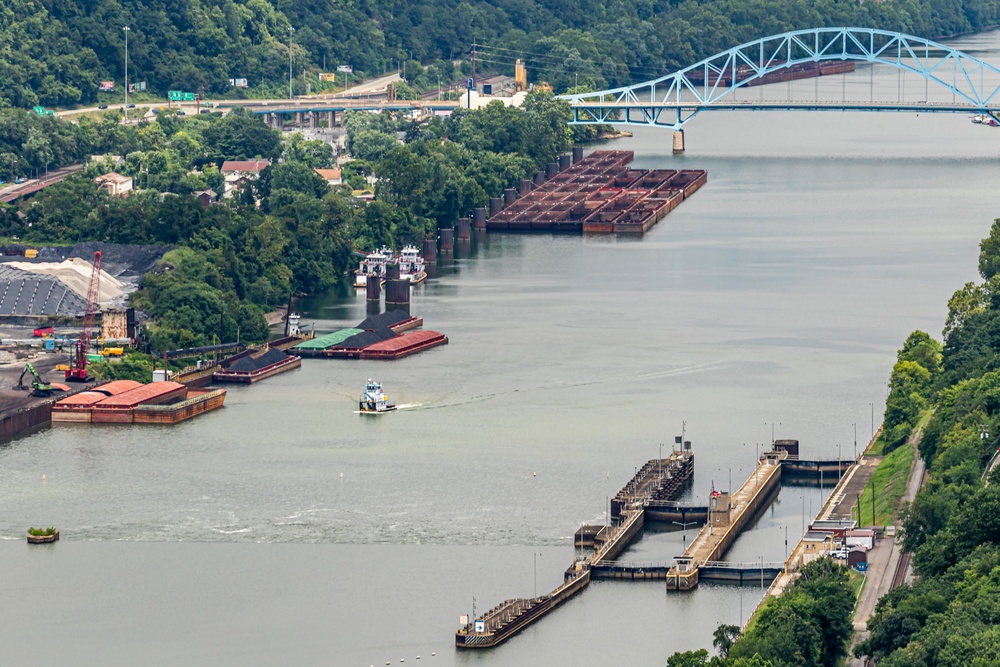 Helicopter flight over Pittsburgh District locks, dams, reservoirs