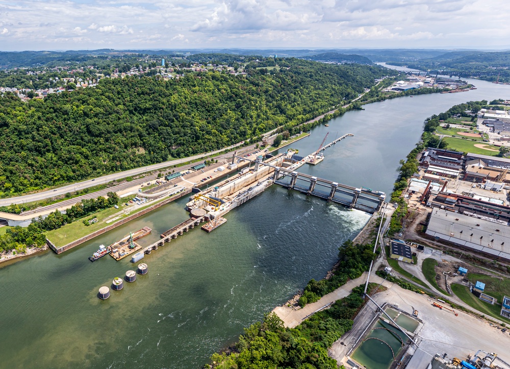 Helicopter flight over Pittsburgh District locks, dams, reservoirs