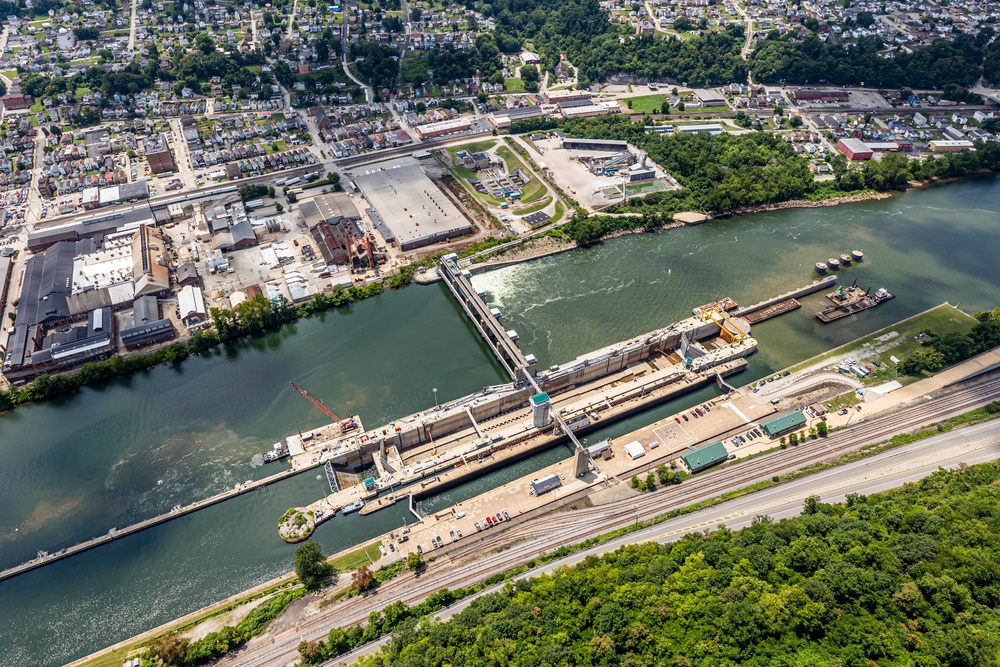 Helicopter flight over Pittsburgh District locks, dams, reservoirs