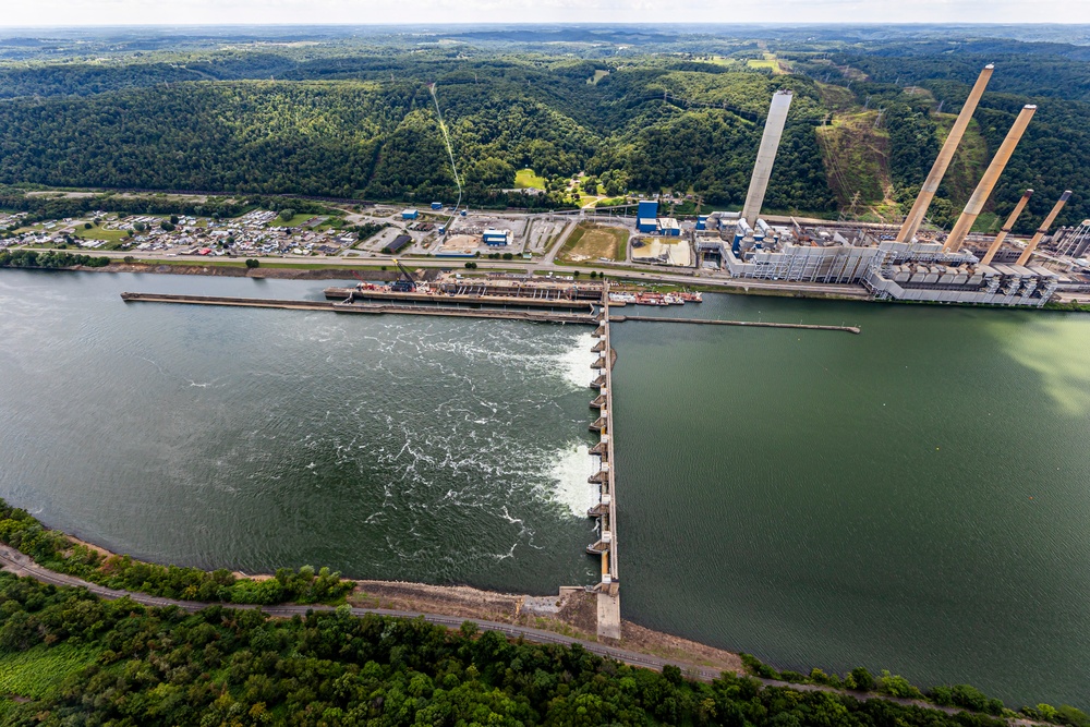 Helicopter flight over Pittsburgh District locks, dams, reservoirs