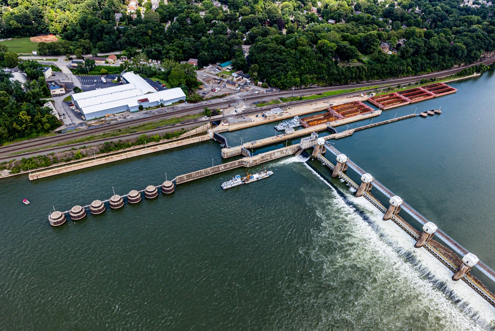 Helicopter flight over Pittsburgh District locks, dams, reservoirs