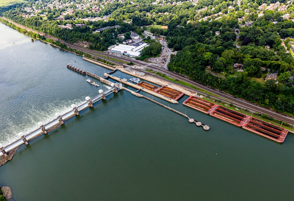 Helicopter flight over Pittsburgh District locks, dams, reservoirs