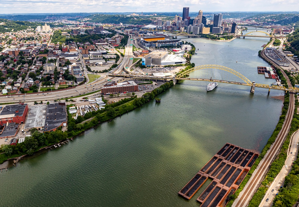 Helicopter flight over Pittsburgh District locks, dams, reservoirs