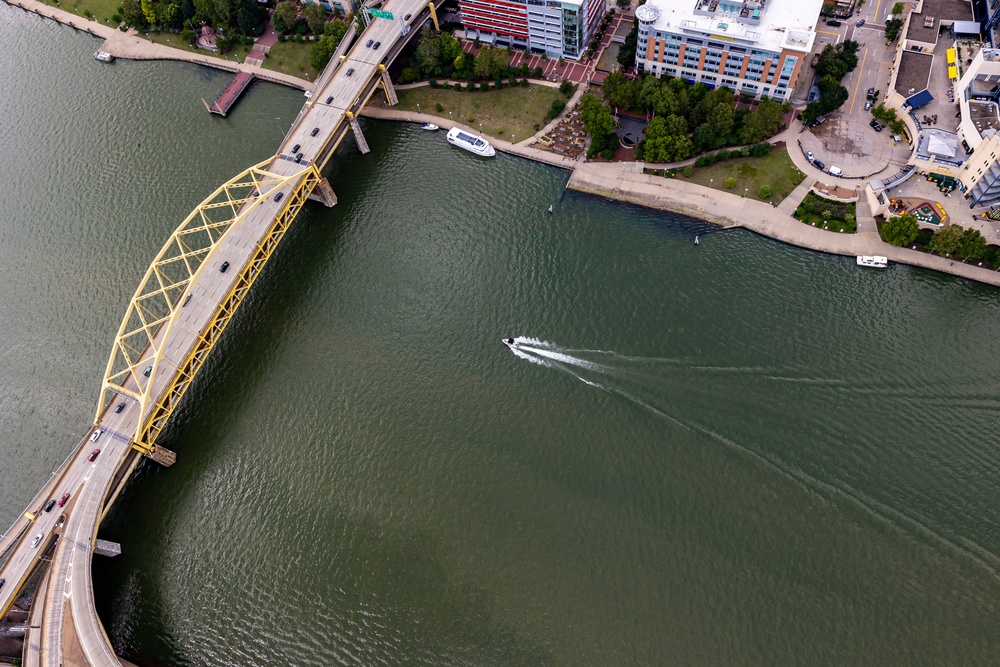 Helicopter flight over Pittsburgh District locks, dams, reservoirs