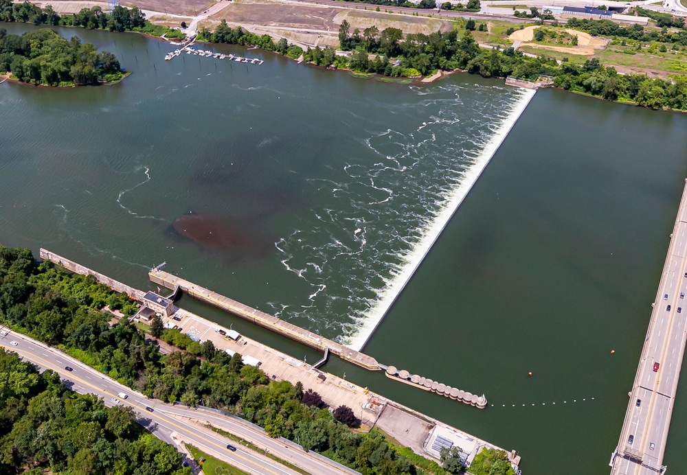 Helicopter flight over Pittsburgh District locks, dams, reservoirs