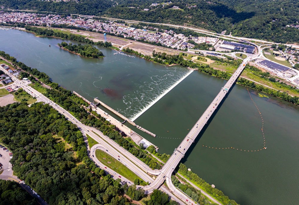 Helicopter flight over Pittsburgh District locks, dams, reservoirs