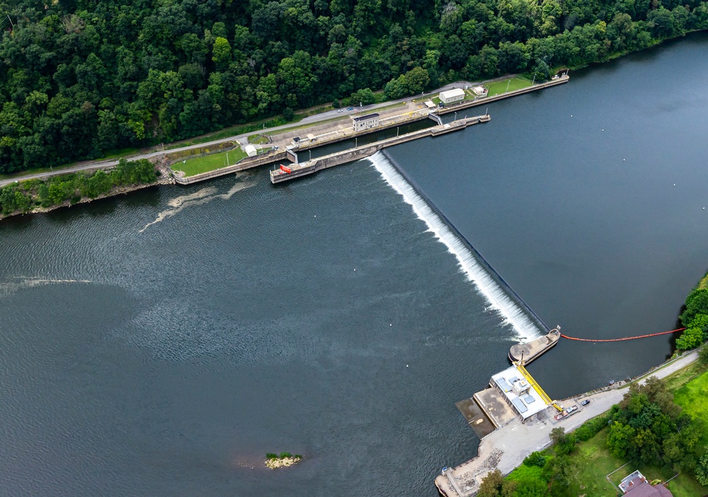 Helicopter flight over Pittsburgh District locks, dams, reservoirs