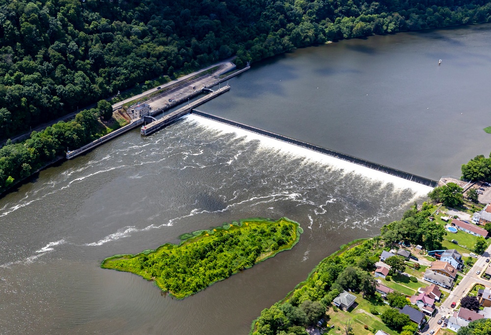 Helicopter flight over Pittsburgh District locks, dams, reservoirs