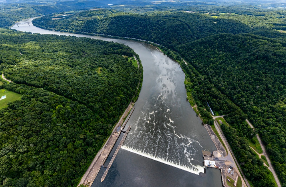 Helicopter flight over Pittsburgh District locks, dams, reservoirs