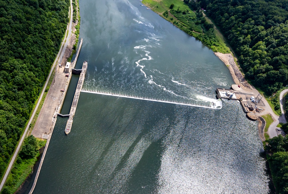 Helicopter flight over Pittsburgh District locks, dams, reservoirs