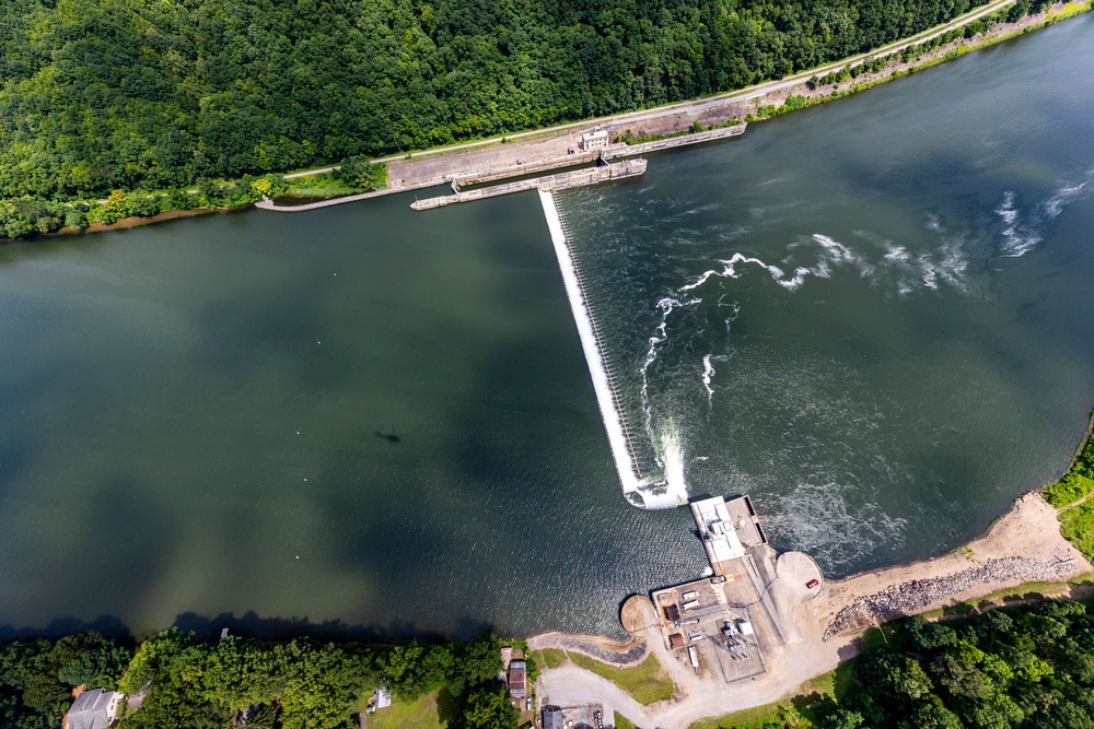 Helicopter flight over Pittsburgh District locks, dams, reservoirs