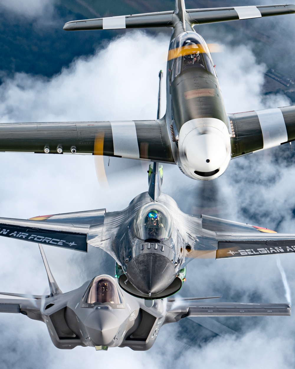 The F-35A Demo Team Flies in Formation with the Belgian F-16 Solo Display Team and a P-51 Mustang